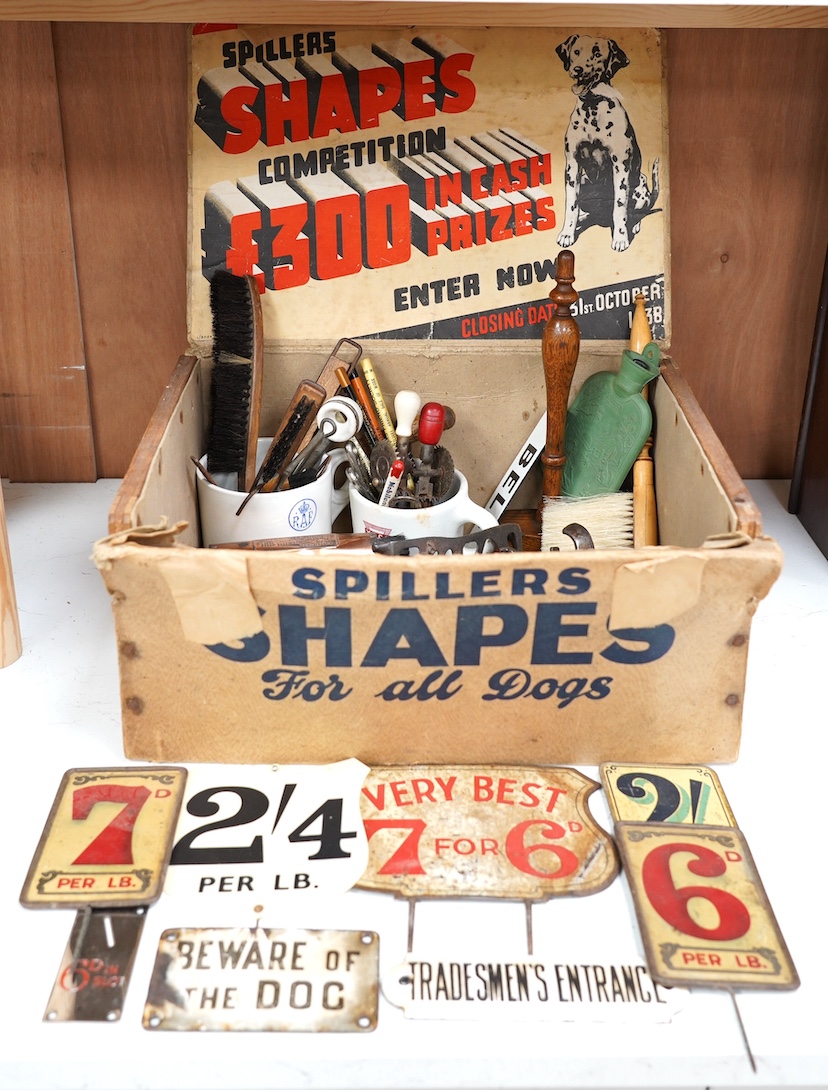 A Spillers Shapes card dog food box containing a quantity of Victorian and later household objects. Condition - varies